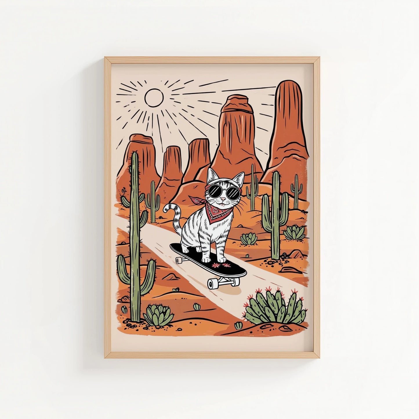 Desert Rider – Silver Tabby Skate Cat Print | Cat wall art by Nine Lives Tribe