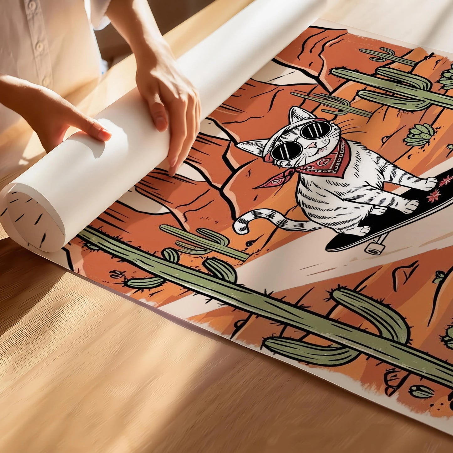 Desert Rider – Silver Tabby Skate Cat Print | Cat wall art by Nine Lives Tribe