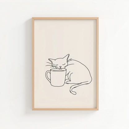 Cat & Coffee Line Art Print | Cat wall art by Nine Lives Tribe