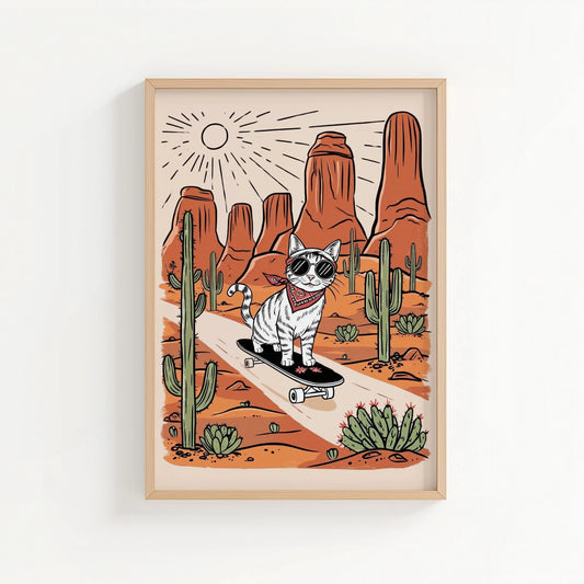 Desert Rider – Silver Tabby Skate Cat Print | Cat wall art by Nine Lives Tribe