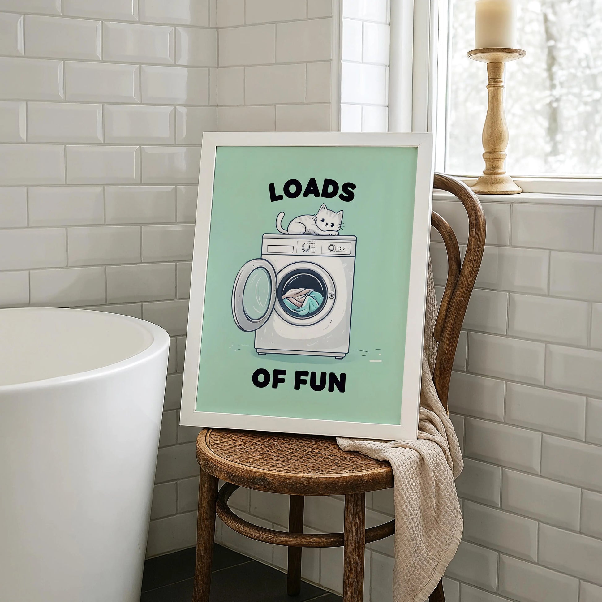 Loads of Fun – Mint Green Cat Laundry Print | Cat wall art by Nine Lives Tribe