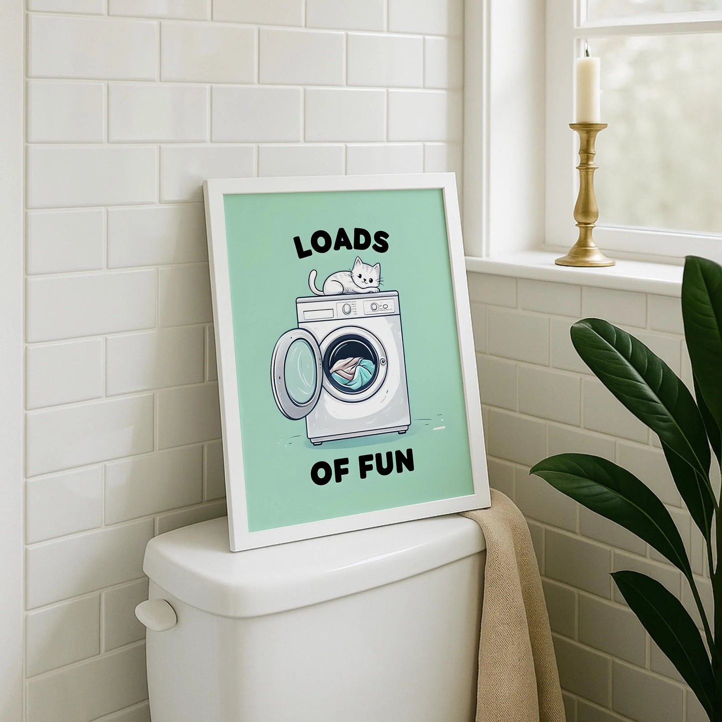 Loads of Fun – Mint Green Cat Laundry Print | Cat wall art by Nine Lives Tribe