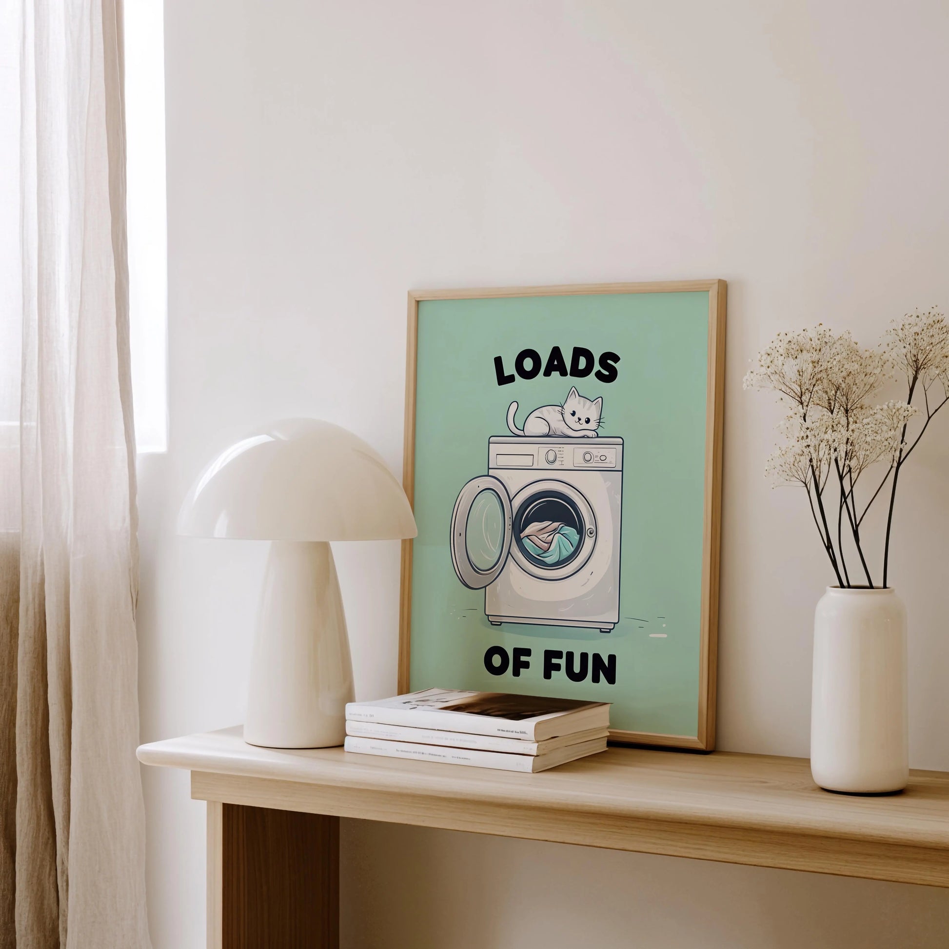 Loads of Fun – Mint Green Cat Laundry Print | Cat wall art by Nine Lives Tribe