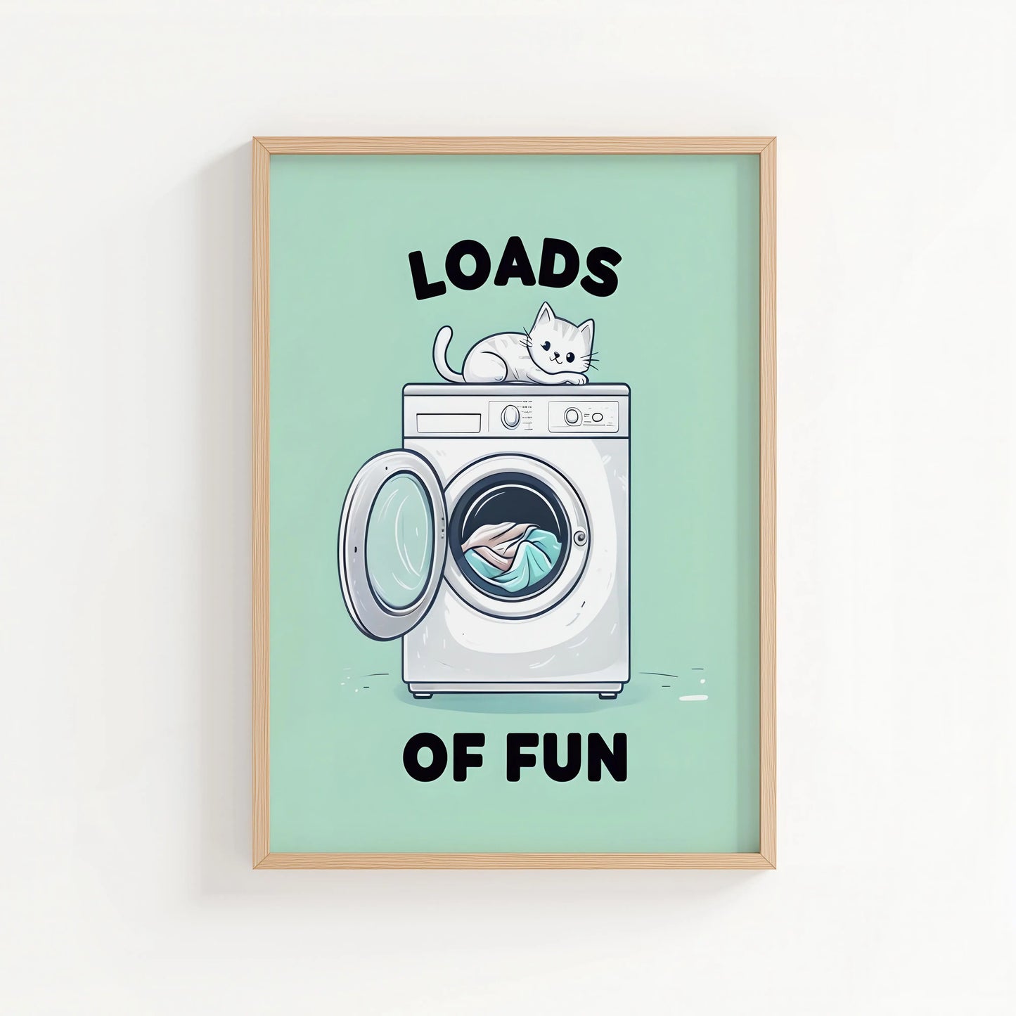 Loads of Fun – Mint Green Cat Laundry Print | Cat wall art by Nine Lives Tribe