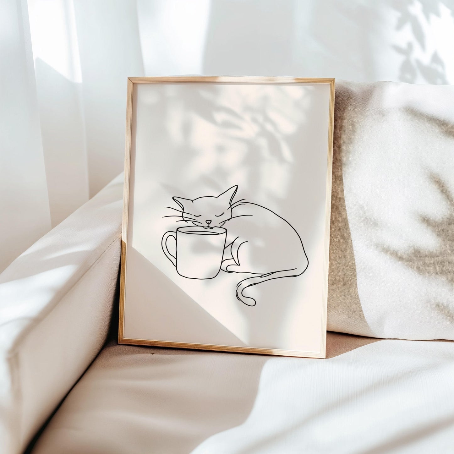 Cat & Coffee Line Art Print | Cat wall art by Nine Lives Tribe
