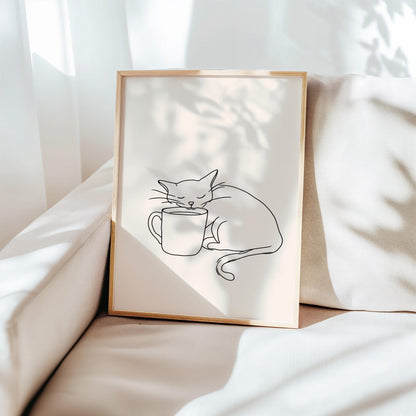 Cat & Coffee Line Art Print | Cat wall art by Nine Lives Tribe