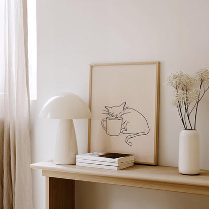 Cat & Coffee Line Art Print | Cat wall art by Nine Lives Tribe