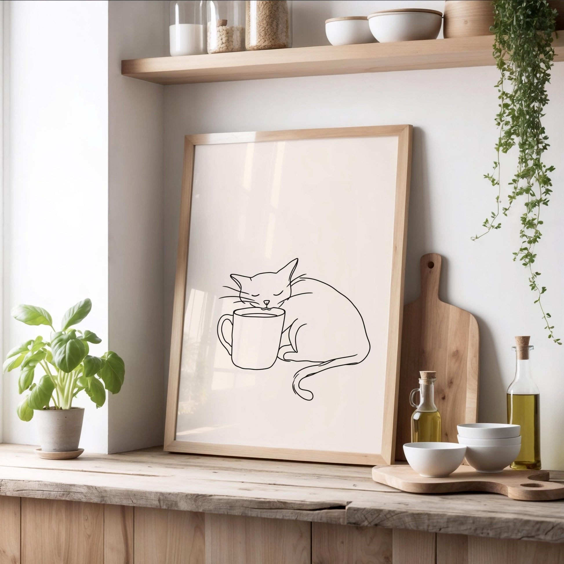 Cat & Coffee Line Art Print | Cat wall art by Nine Lives Tribe