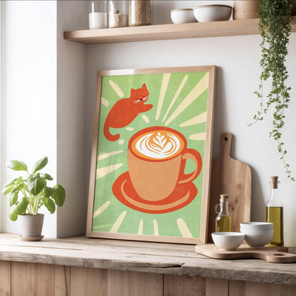 Retro Cat & Coffee Print | Cat wall art by Nine Lives Tribe